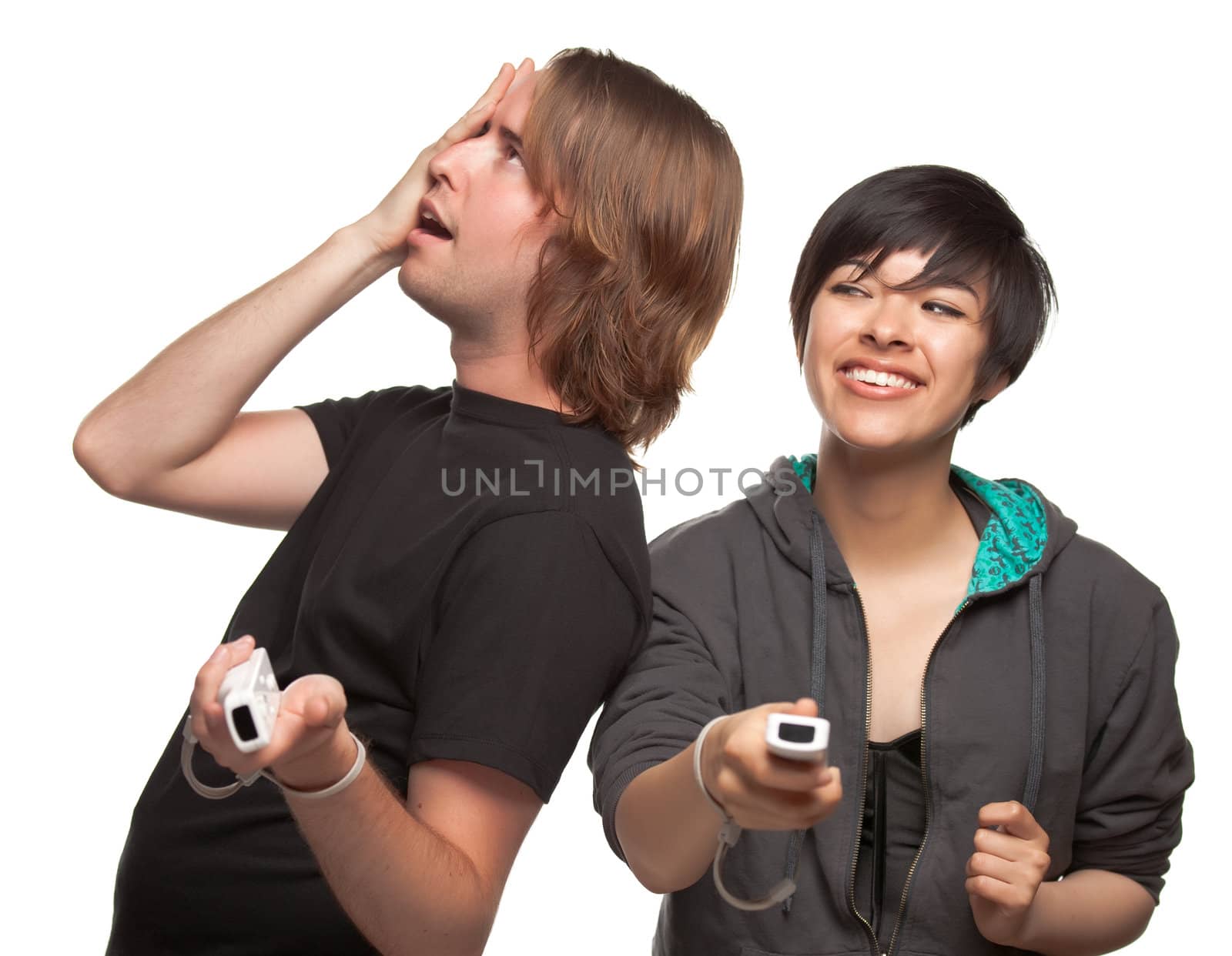 Fun Diverse Couple Playing Video Game by Feverpitched