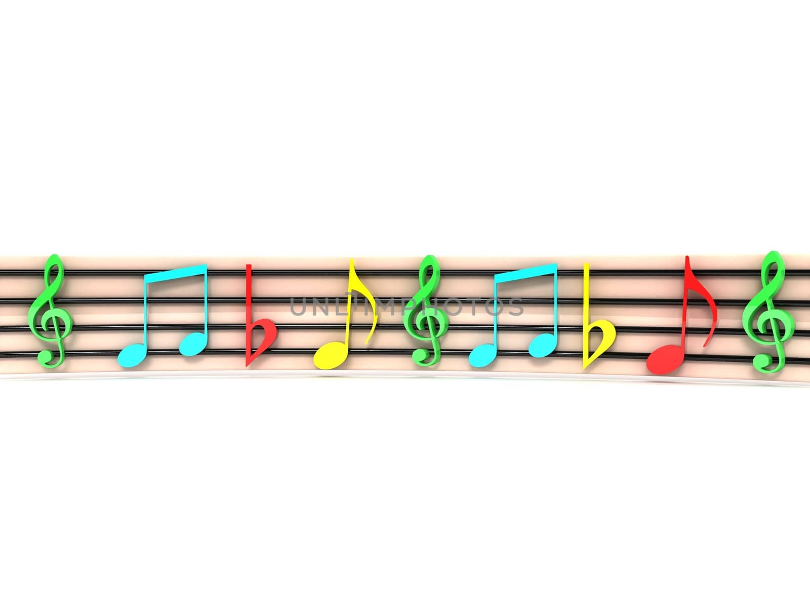 front view of isolated three dimensional colorful musical clefs