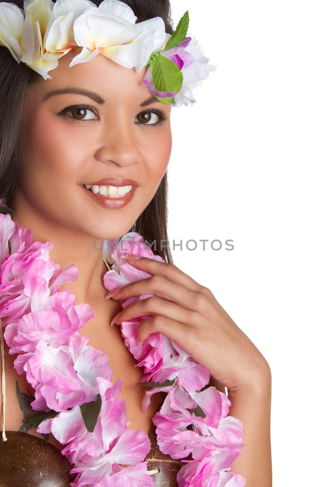 Beautiful exotic woman wearing tropical lei