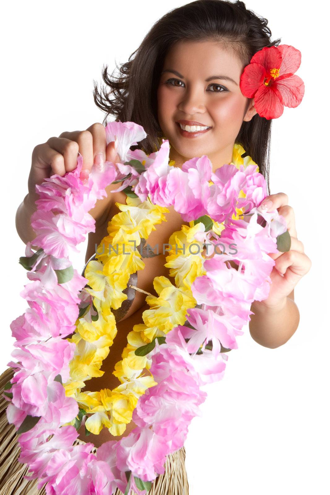 Woman holding tropical flower lei