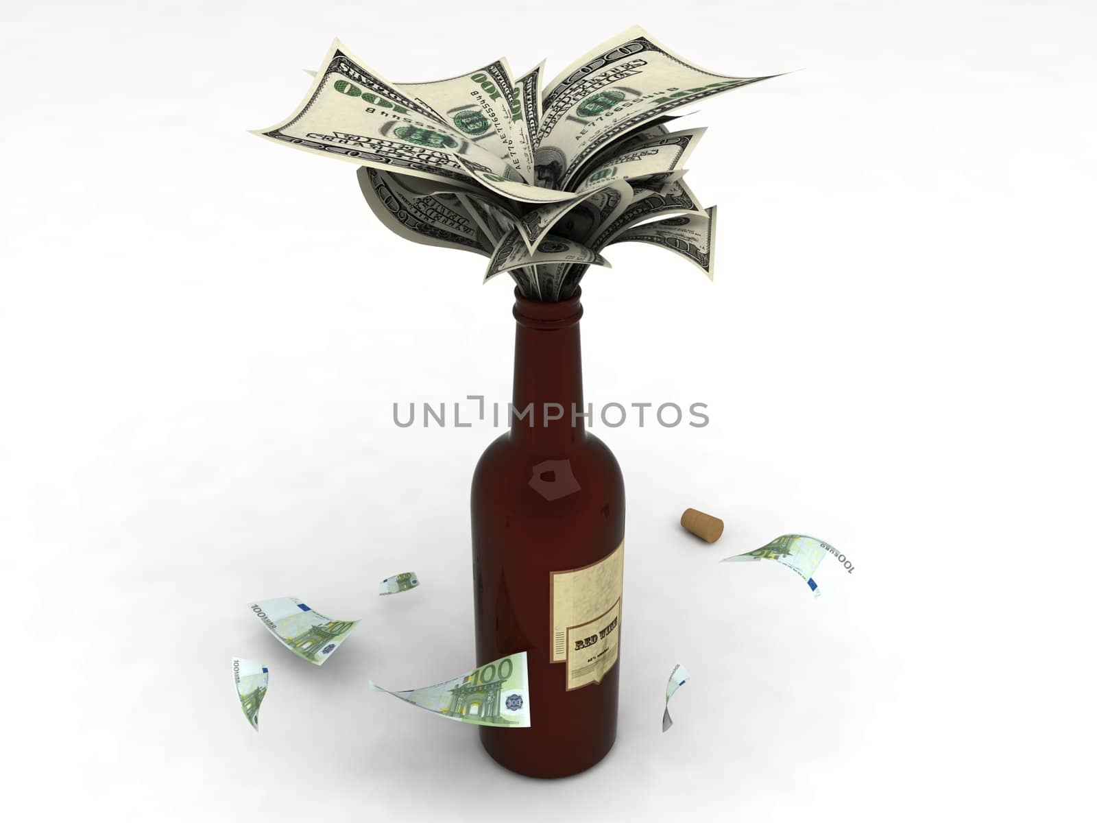 three dimensional view of money in a wine bottle on an isolated background
