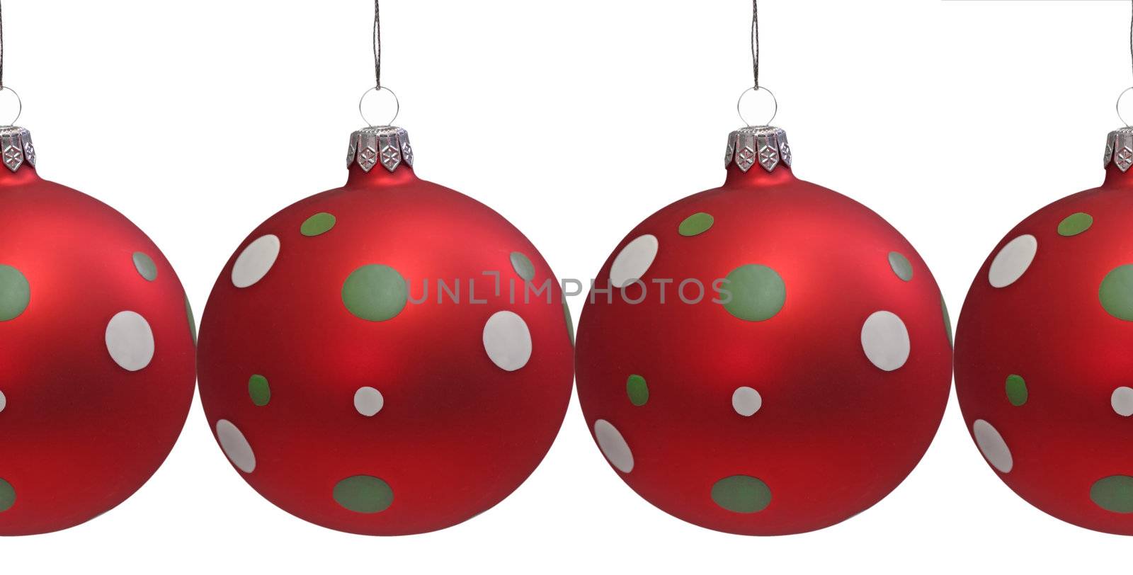 Red christmas tree balls with spots, isolated on white