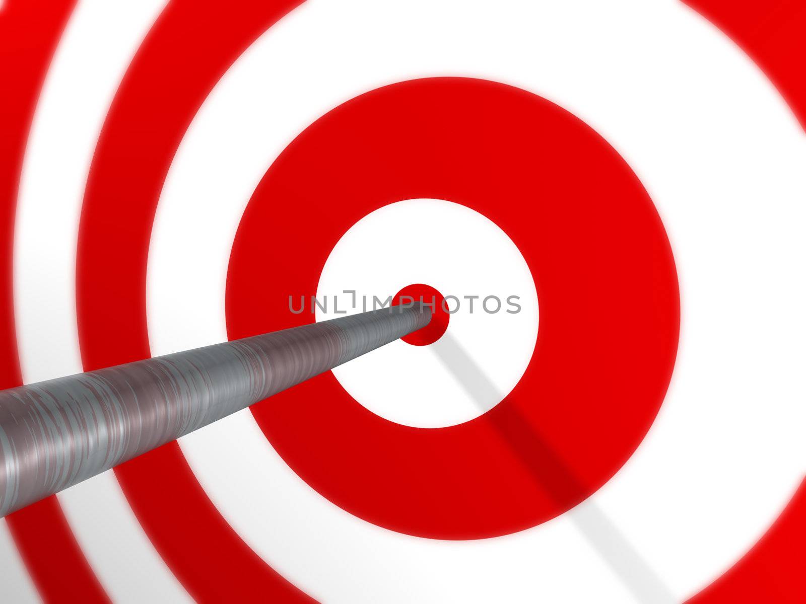 A 3D image render of an arrow, spot on, on a red target.