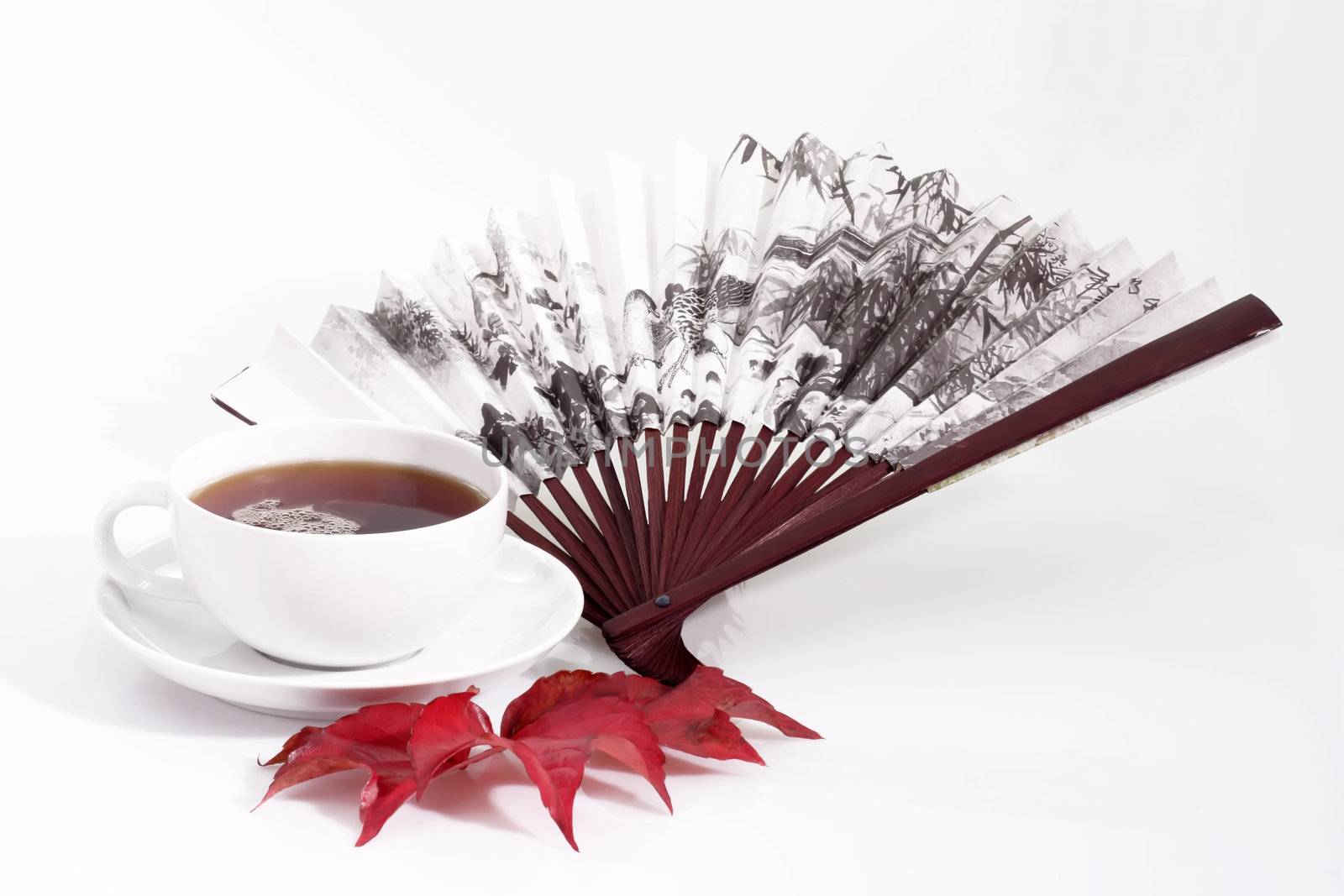 A cup of tea with fan and autumn leafs on bright background