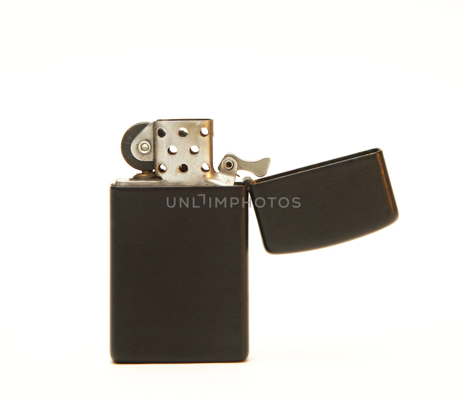 A black, open lighter on a white background.