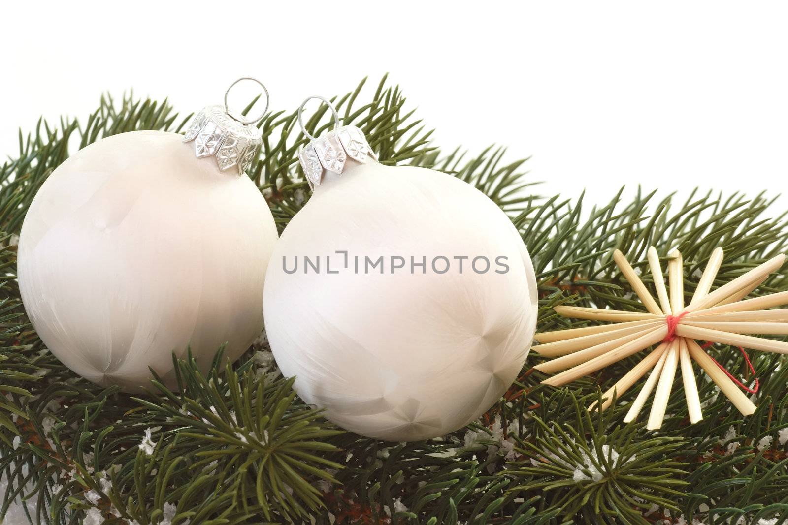 Two white christmas tree balls on a fir branch
