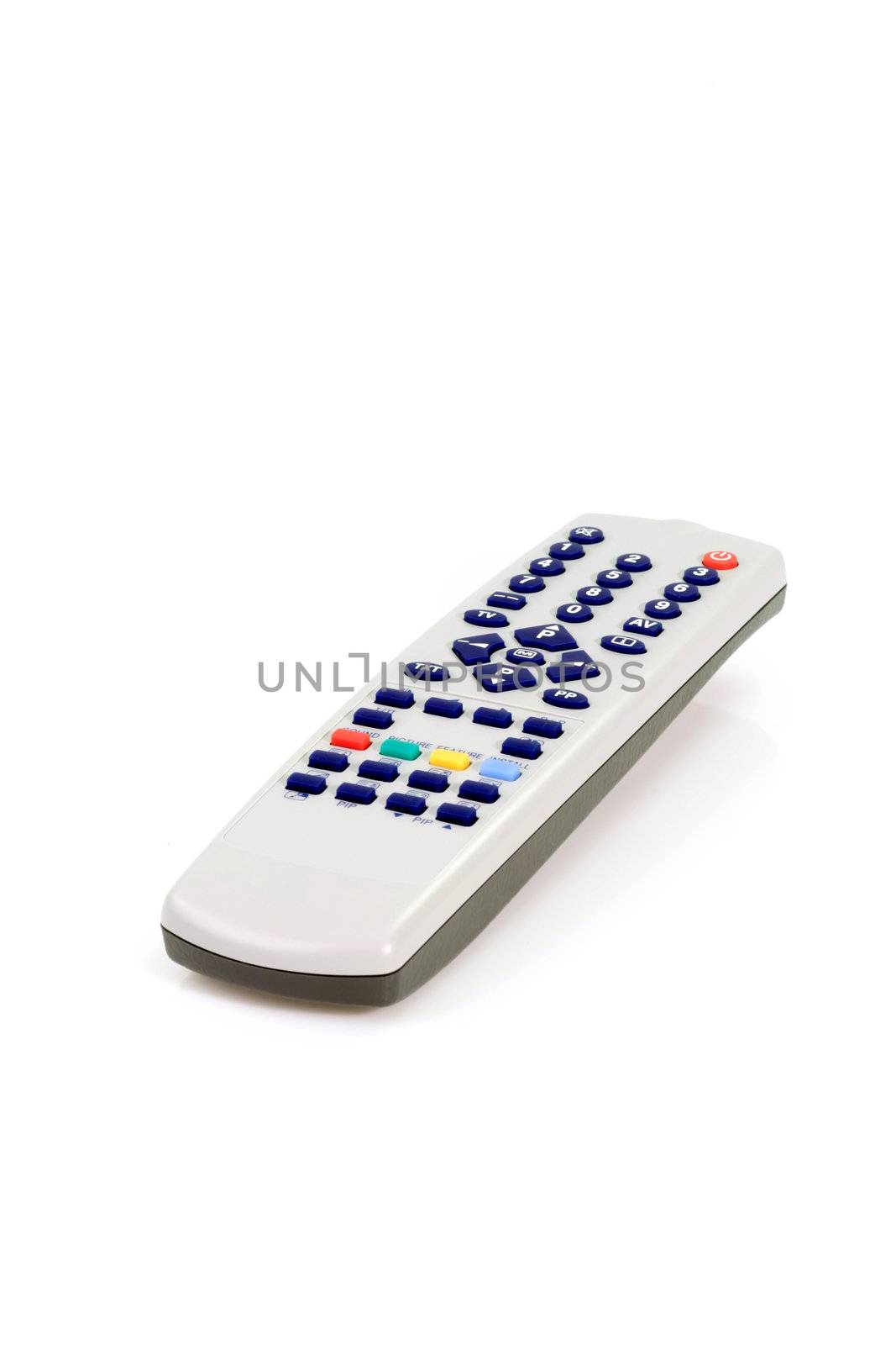 Close up of a grey remote control on white background