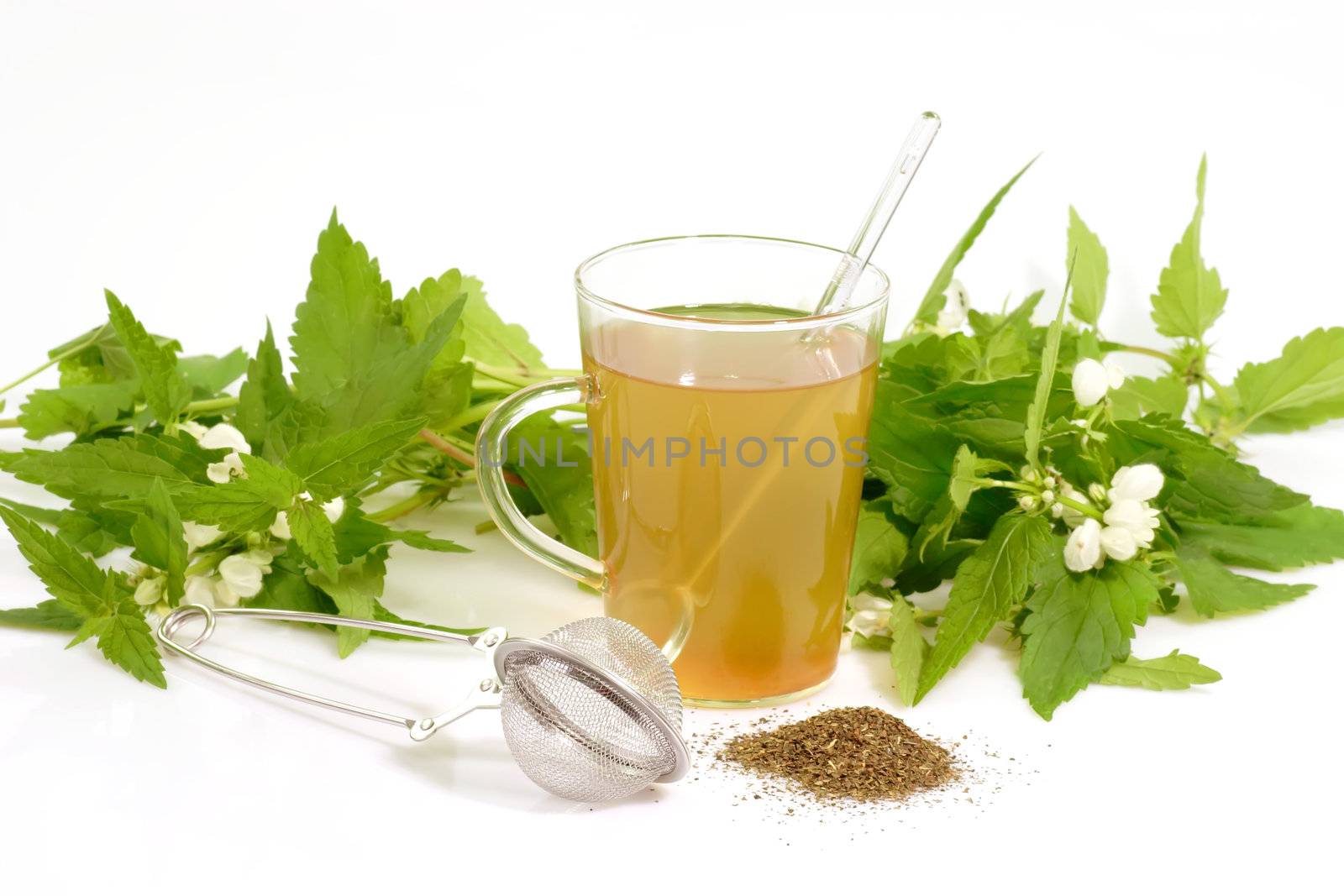 A cup of herb tea with stinging nettle on bright background