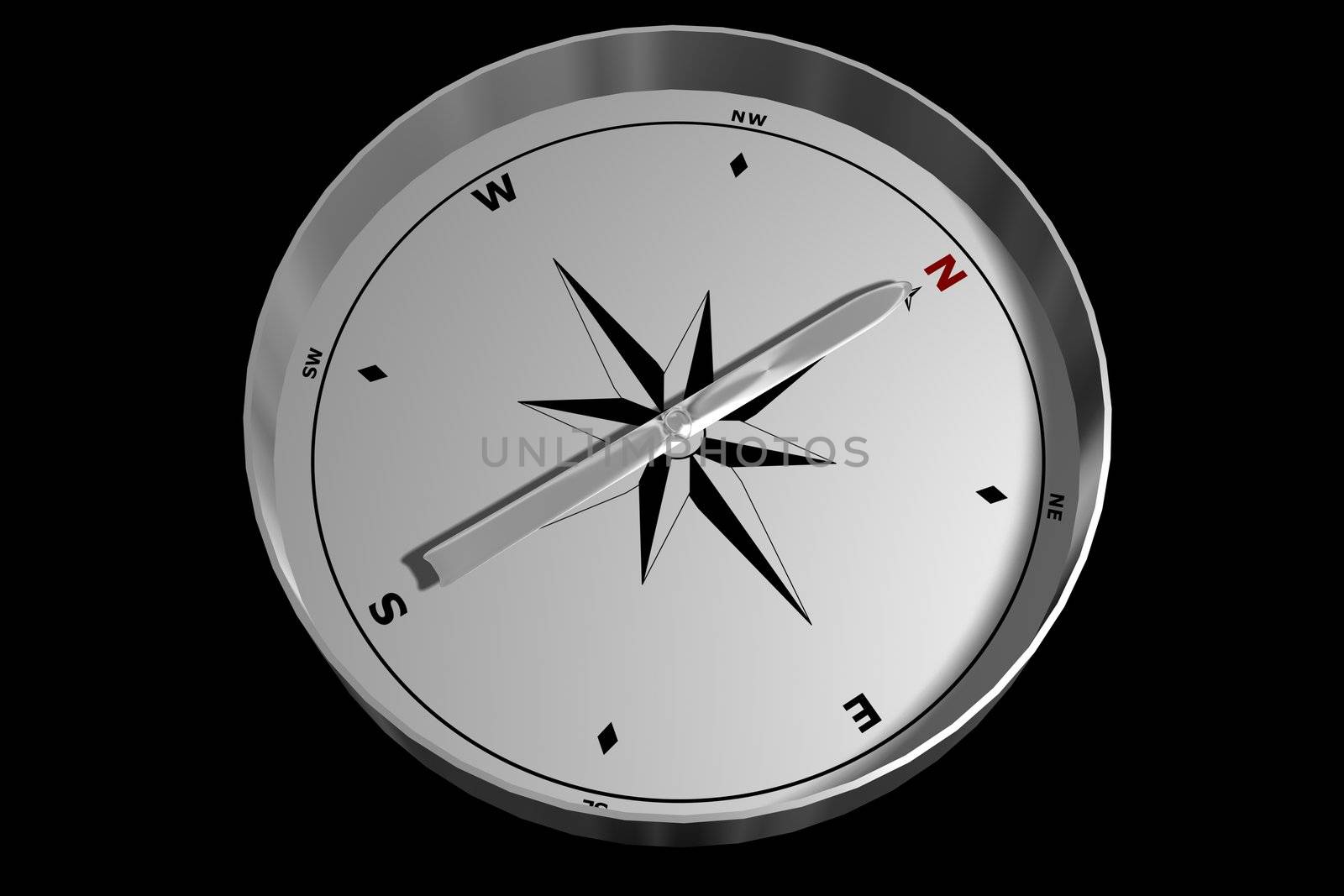 A compass pointing North, isolated on a black background.