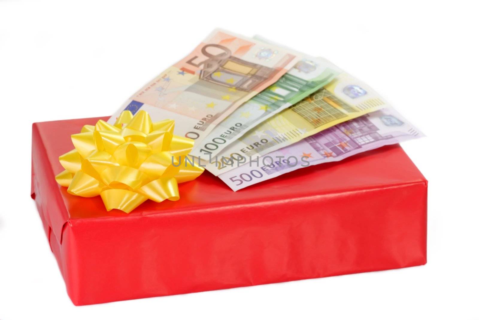 Red packet with yellow ribbon and Euro bills on white background