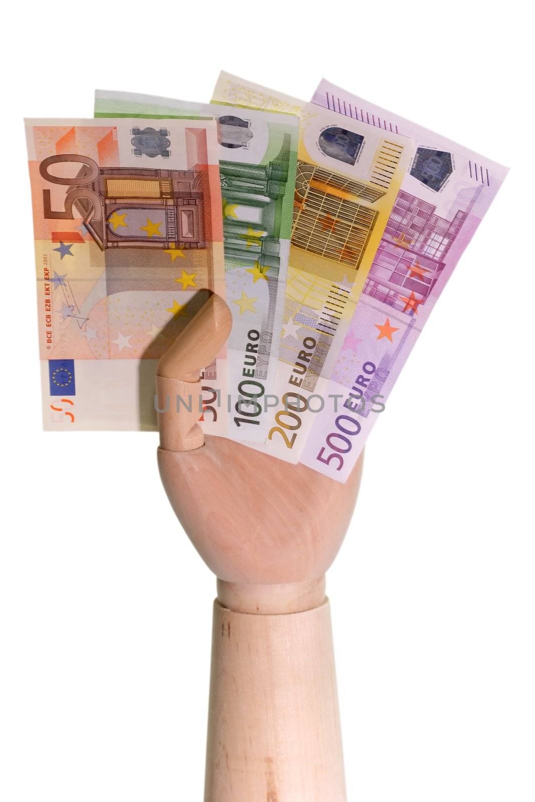 Wooden hand holding Euro bills on white background