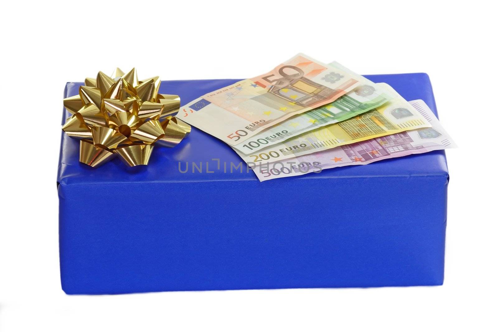 Blue packet with golden ribbon and Euro bills on white background