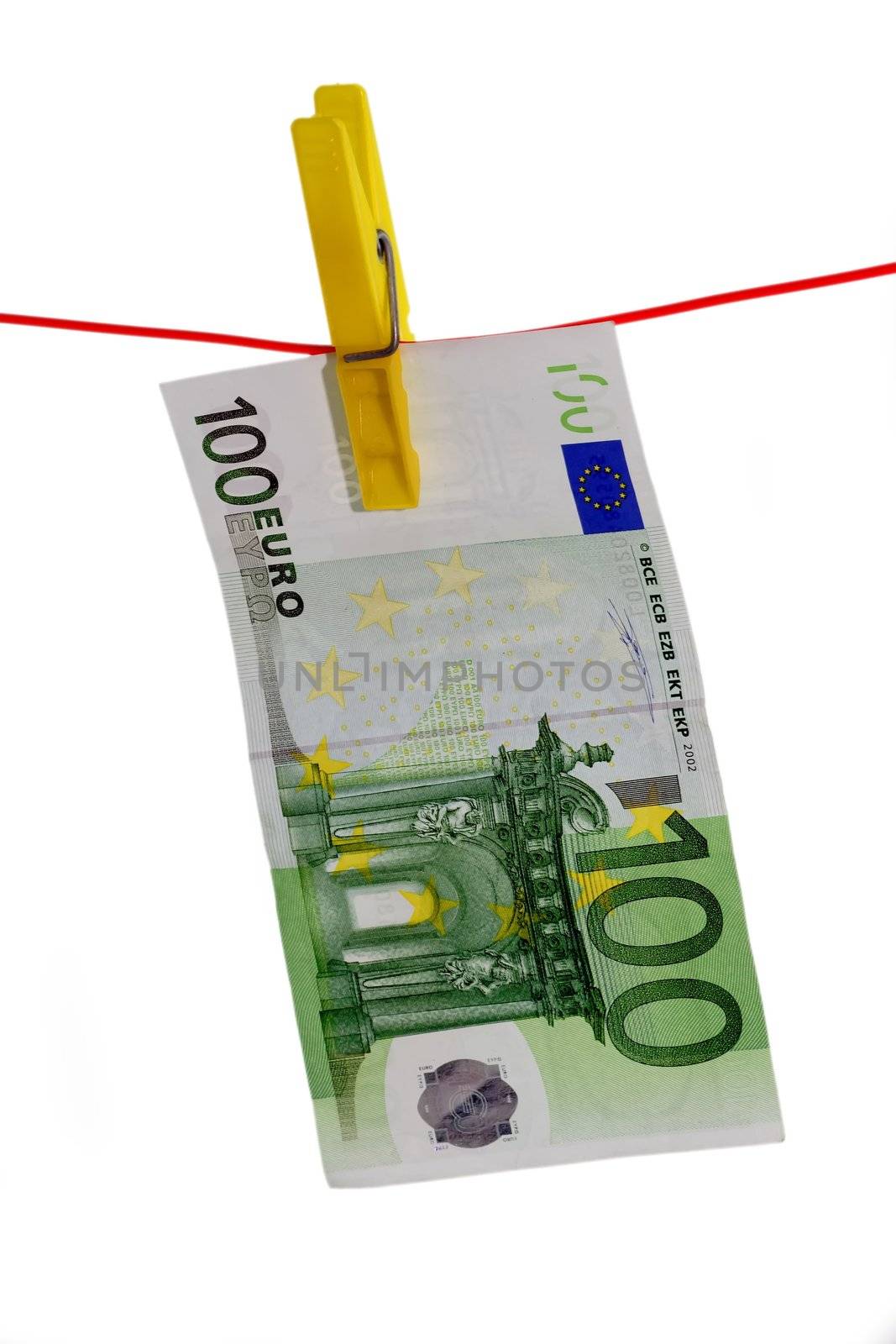 100  Euro Bill on a Clothes Line on White Background