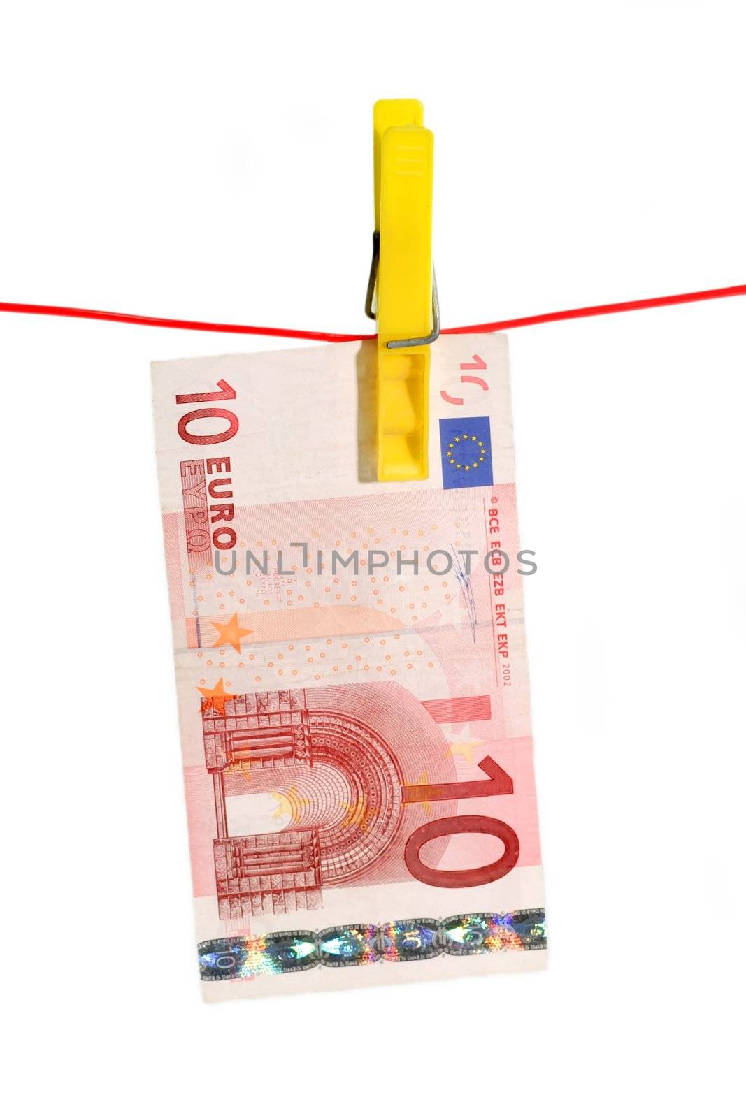 10 Euro Bill on a Clothes Line on White Background