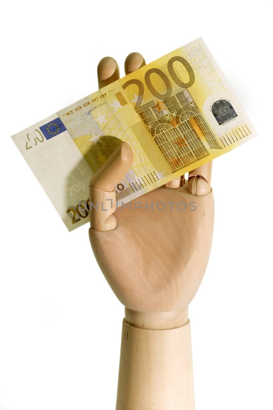 Wooden hand holding a 200 Euro bill on white background