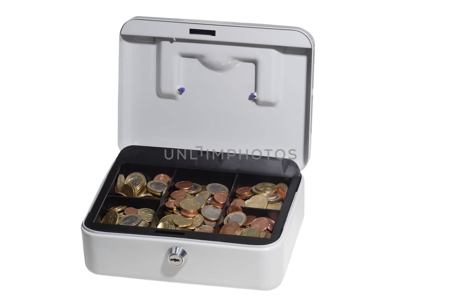 Grey cash box with Euro coins - isolated on white background