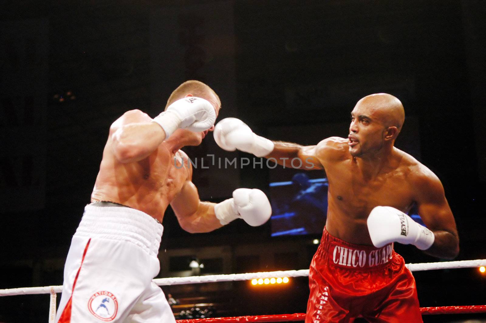 KYIV, UKRAINE - SEPT 13: Ukrainian light heavyweighter Vyacheslav Uzelkov and Spanish 175lb champion Gabriel Campillo box during their fight for the WBA intercontinental title in the Kyiv Sports Palace on September 13, 2007 in Kyiv, Ukraine