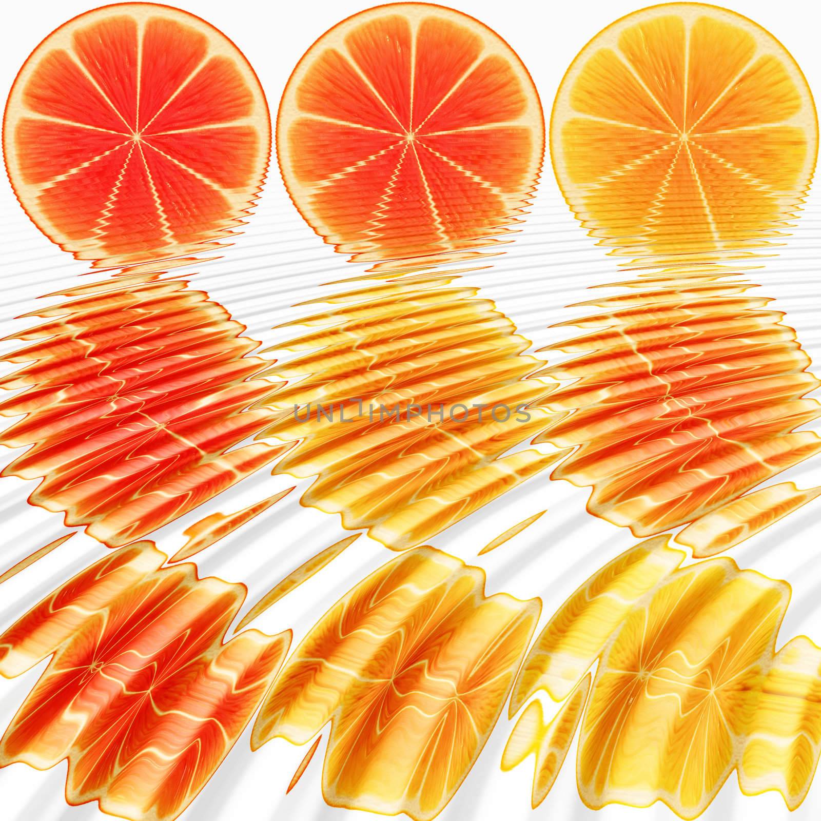 nine orange slices, submerged in water

