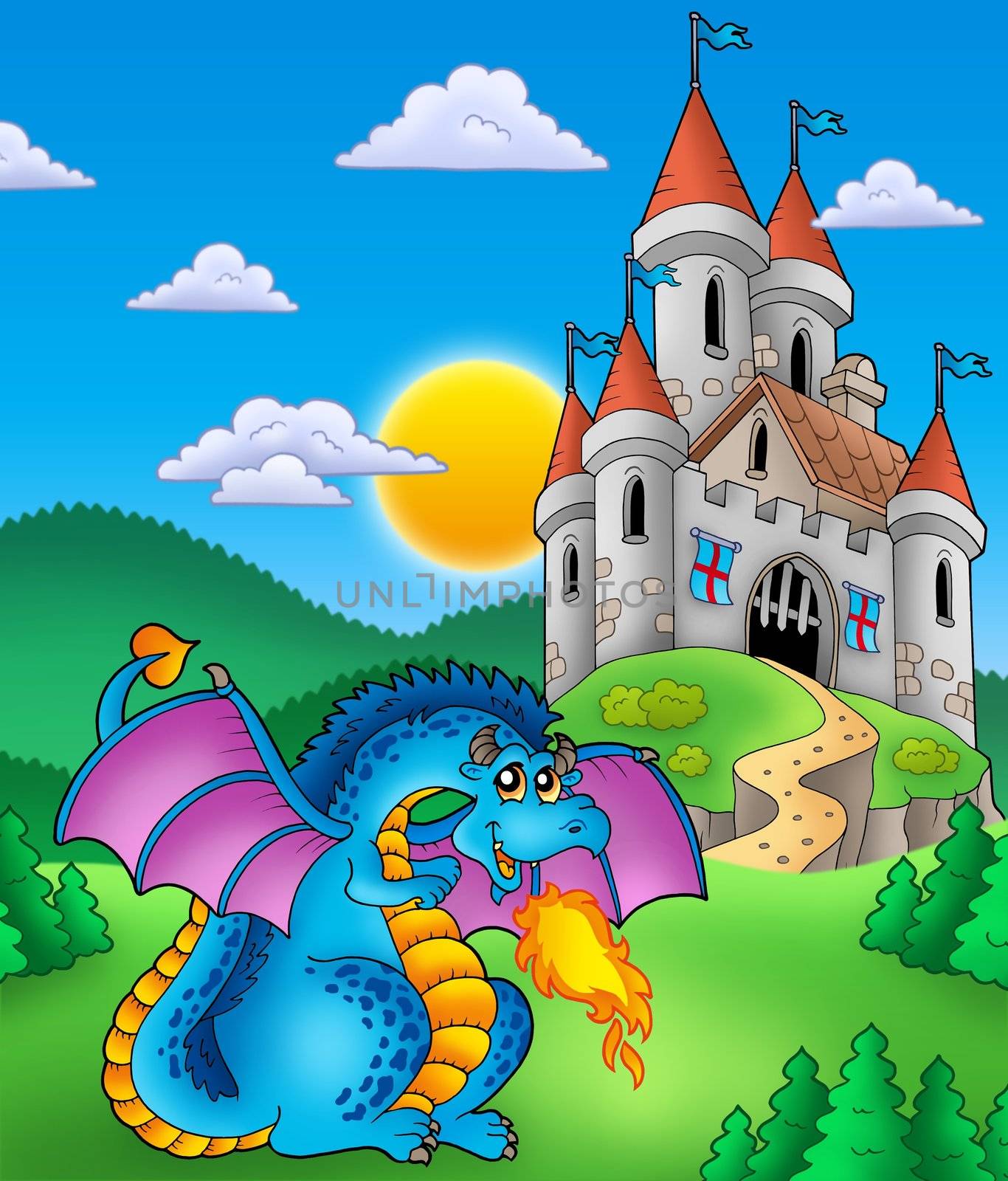 Big blue dragon with medieval castle - color illustration.