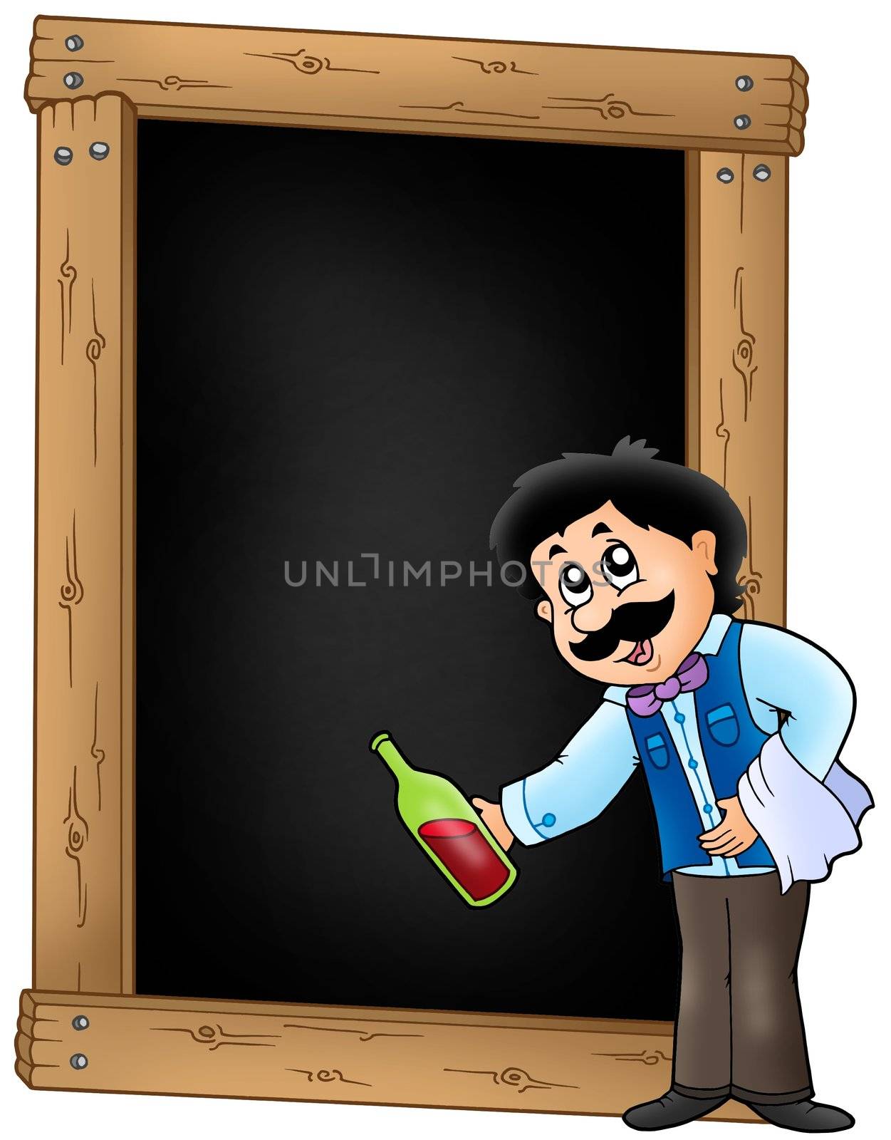 Blackboard with waiter serving wine - color illustration.