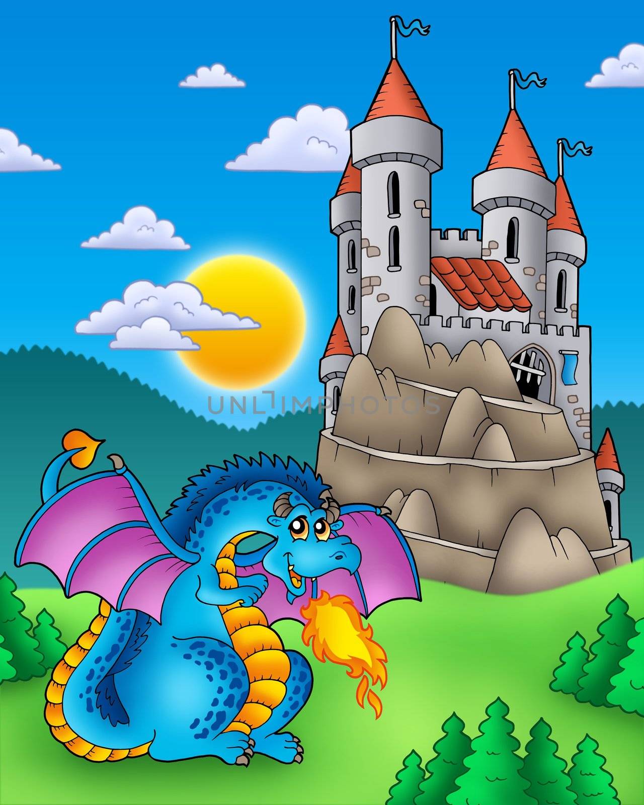 Blue dragon with castle on hill - color illustration.