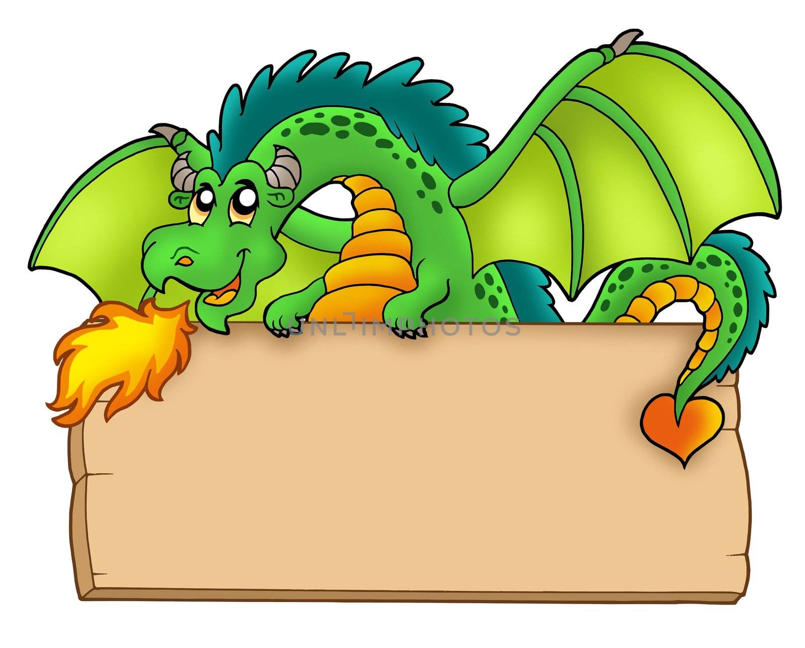 Giant green dragon holding board - color illustration.