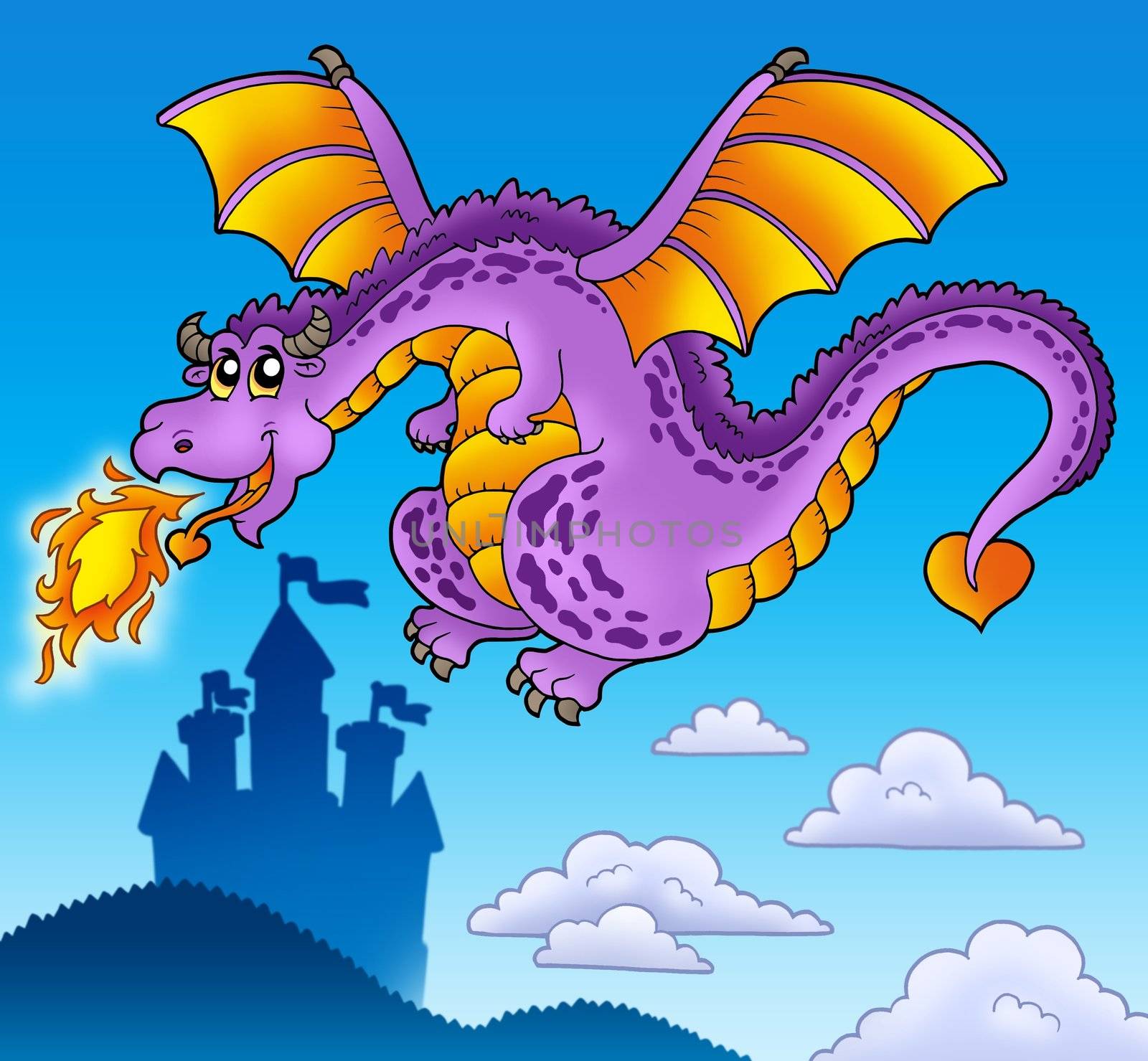 Huge flying dragon near castle - color illustration.