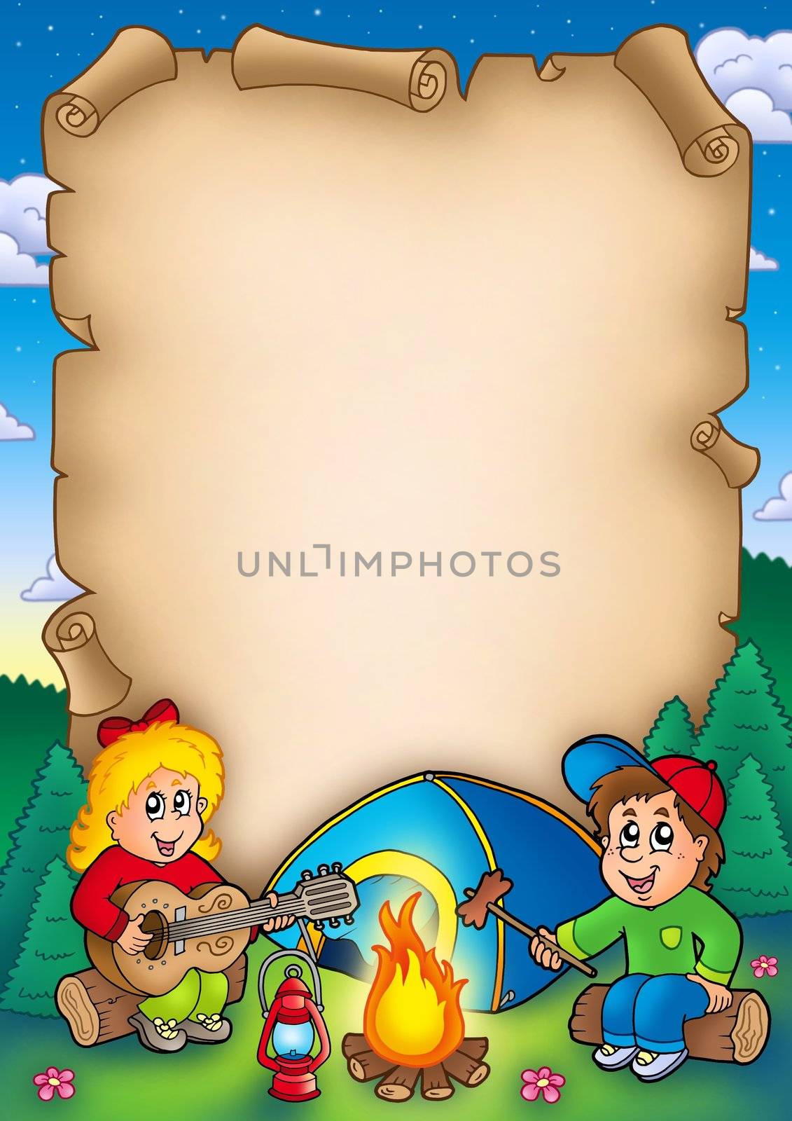 Old parchment with camping kids - color illustration.