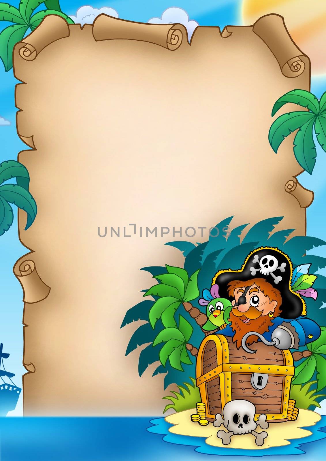 Parchment with pirate on island - color illustration.