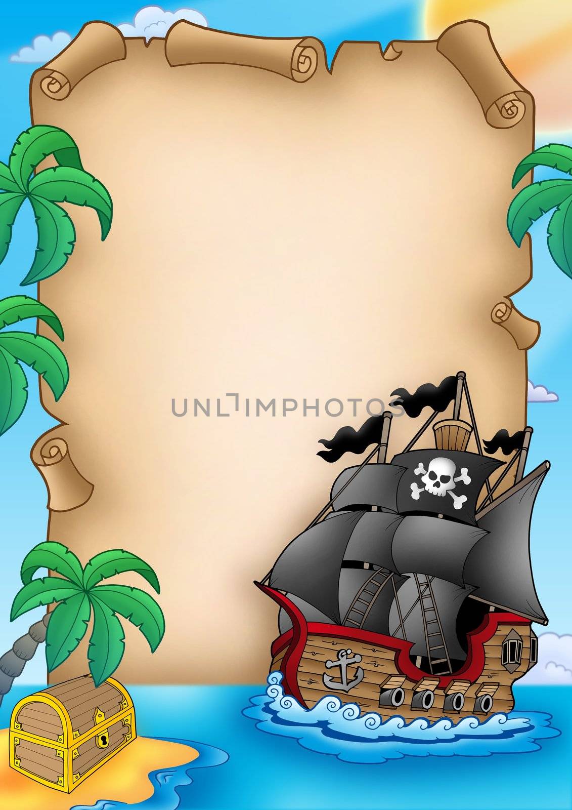 Parchment with pirate vessel - color illustration.
