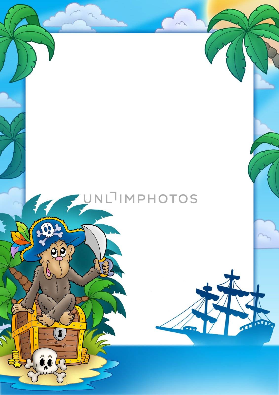 Pirate frame with monkey - color illustration.