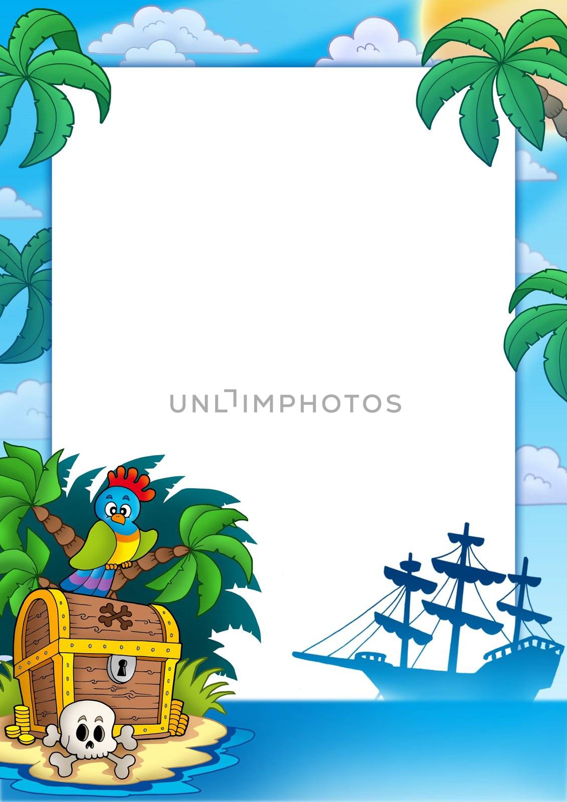 Pirate frame with treasure island - color illustration.