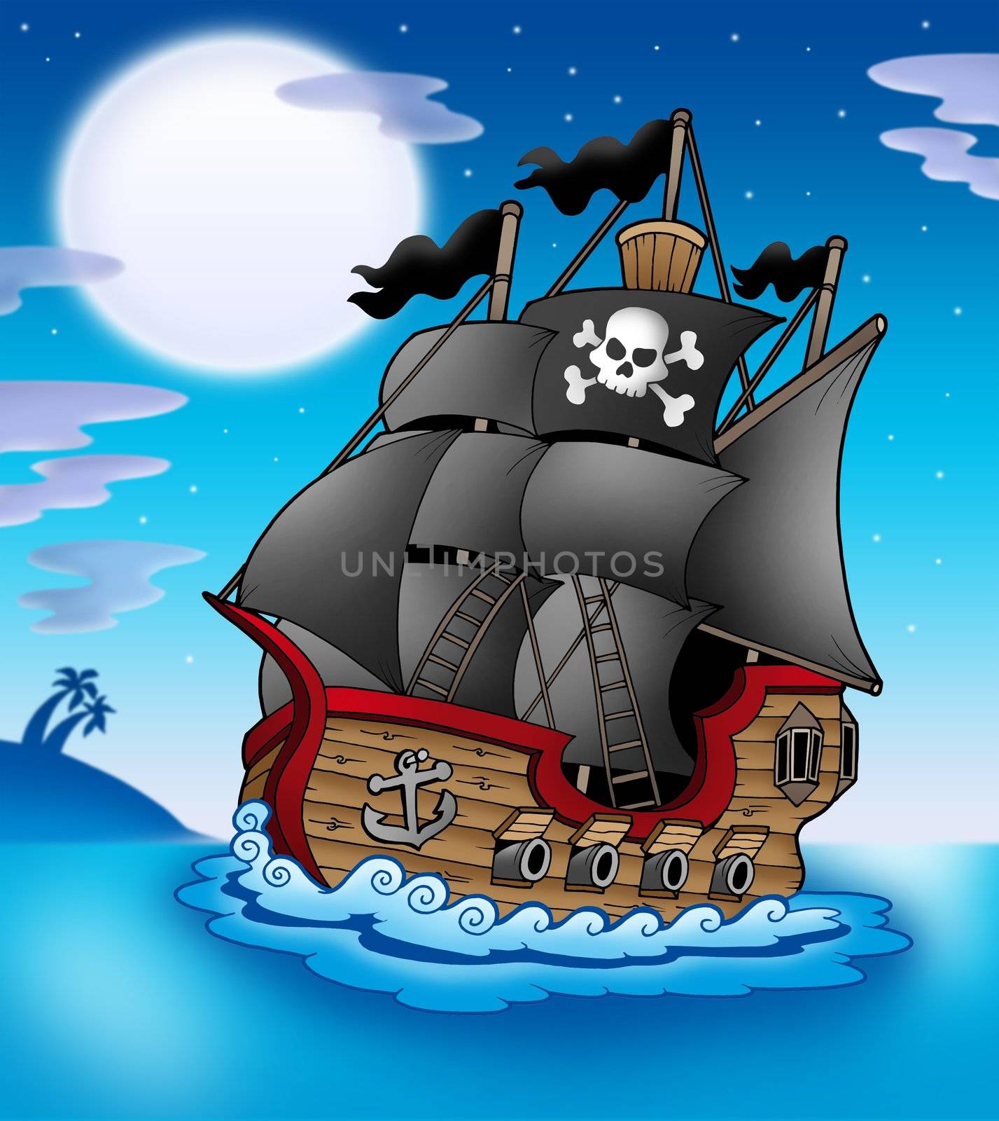 Pirate vessel at night - color illustration.