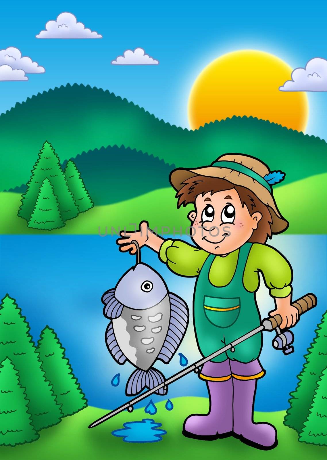 Small fisherman with fish - color illustration.