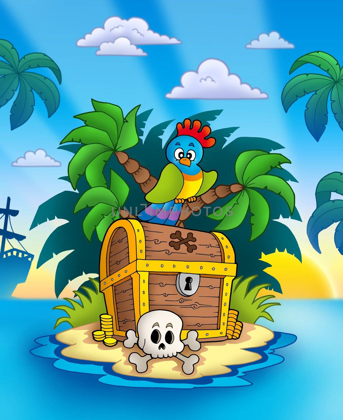 Treasure island with sunset - color illustration.