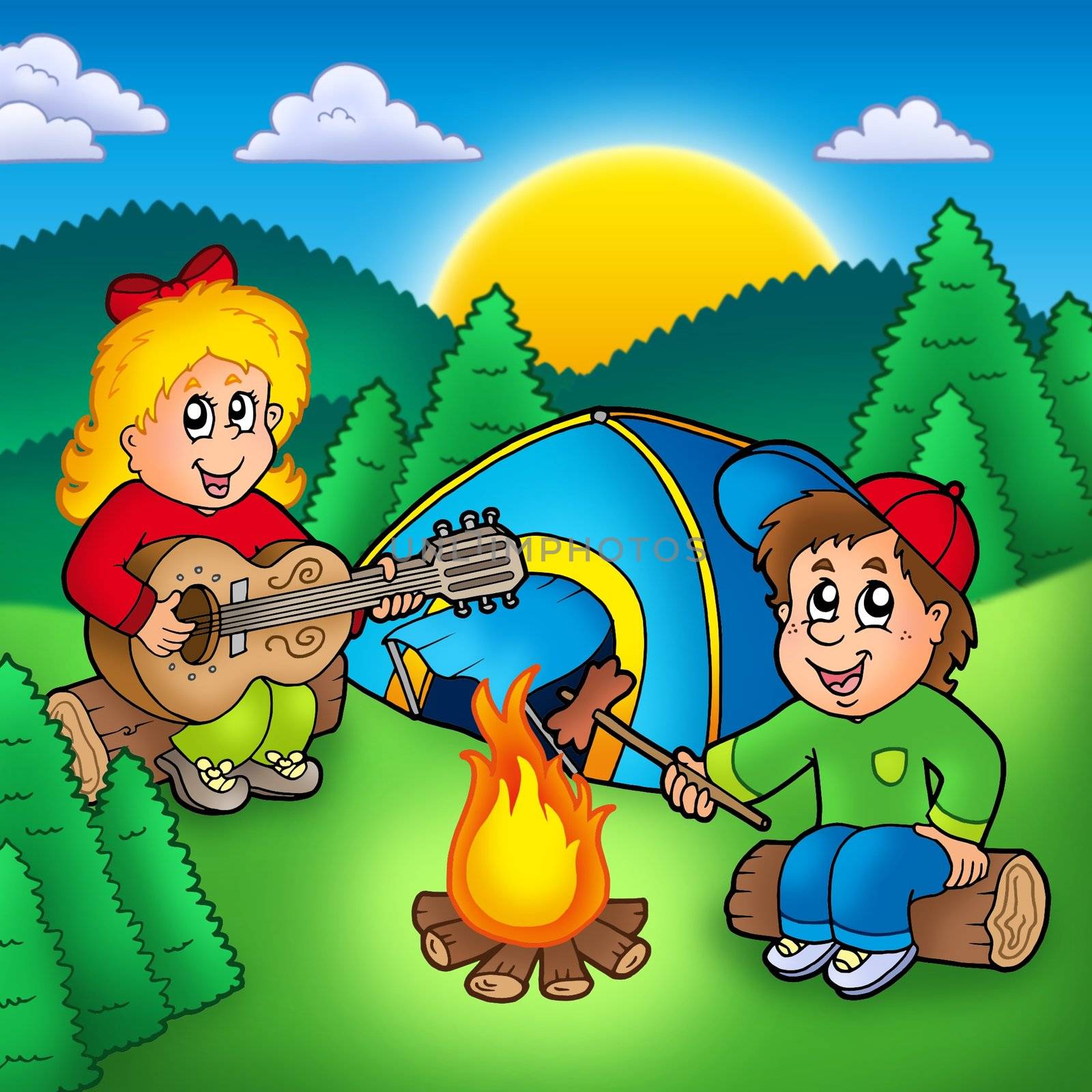 Two camping kids - color illustration.