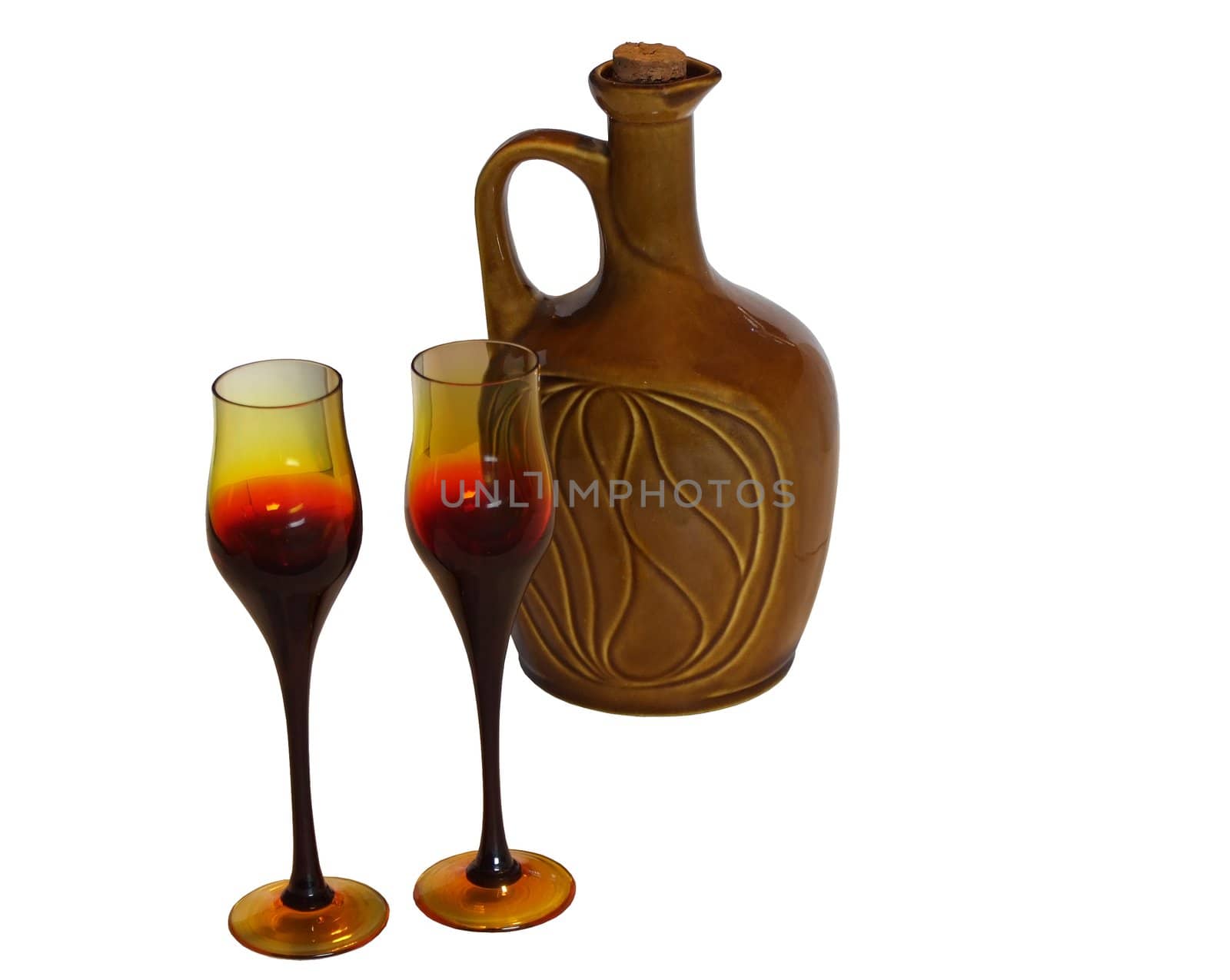 Porcelain bottle of wine with glasses, isolated with clipping path