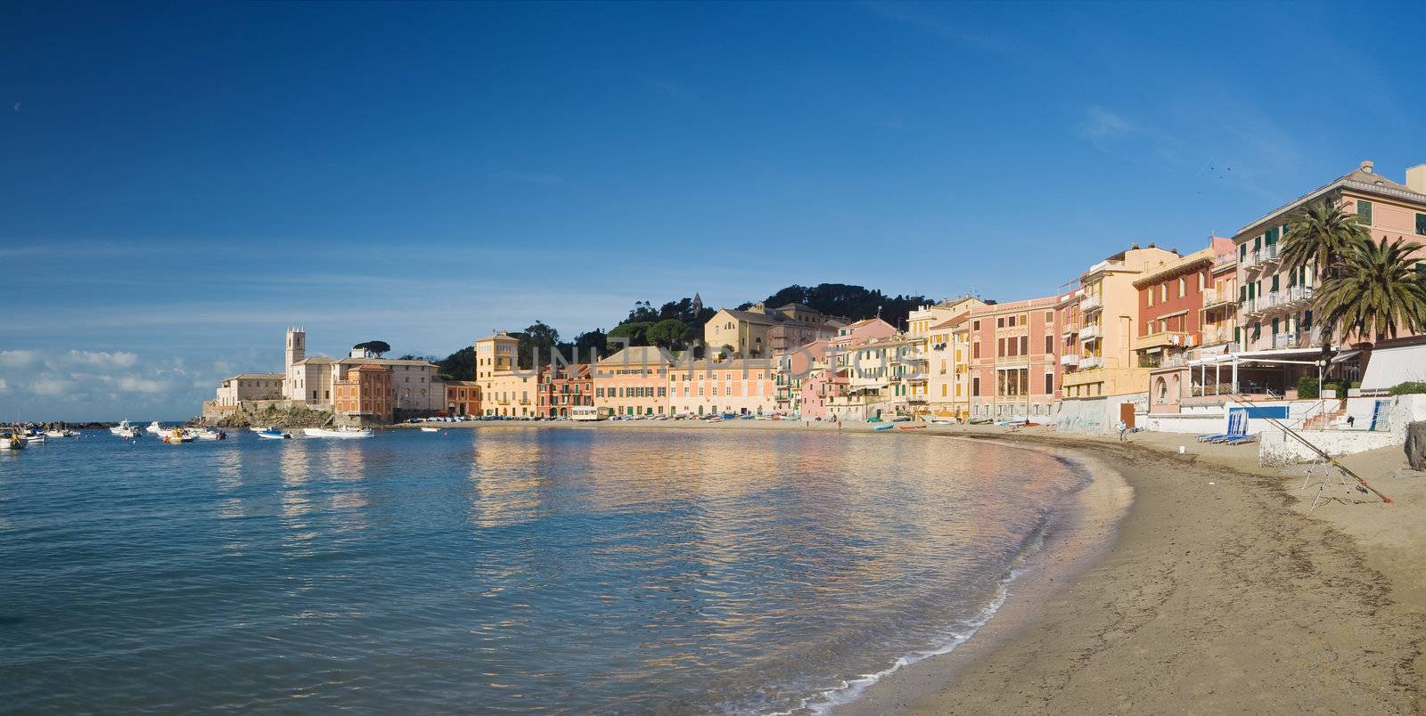 Panoramic view of Baia del Silenzio in Sestri Levante, famous small town in Mediterranean sea, Liguria, Italy