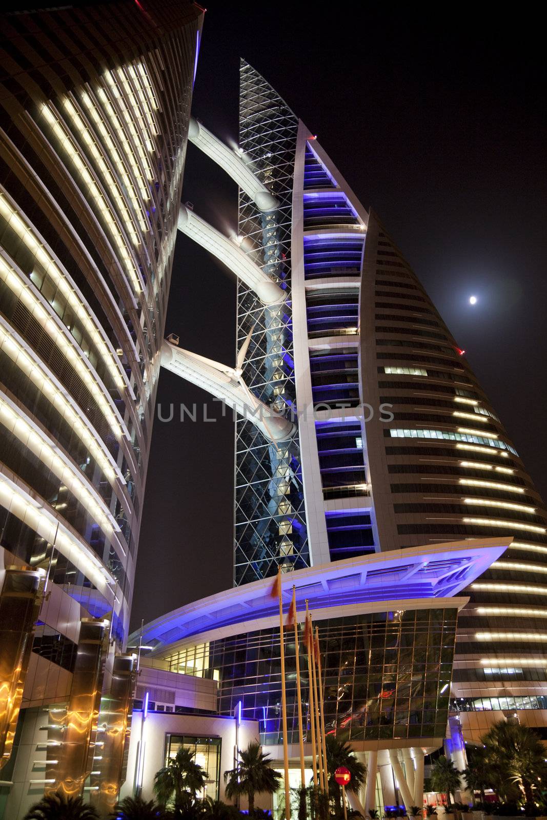 Night image of Bahrain's iconic building, the Bahrain World Trade Center, Manama, Bahrain.