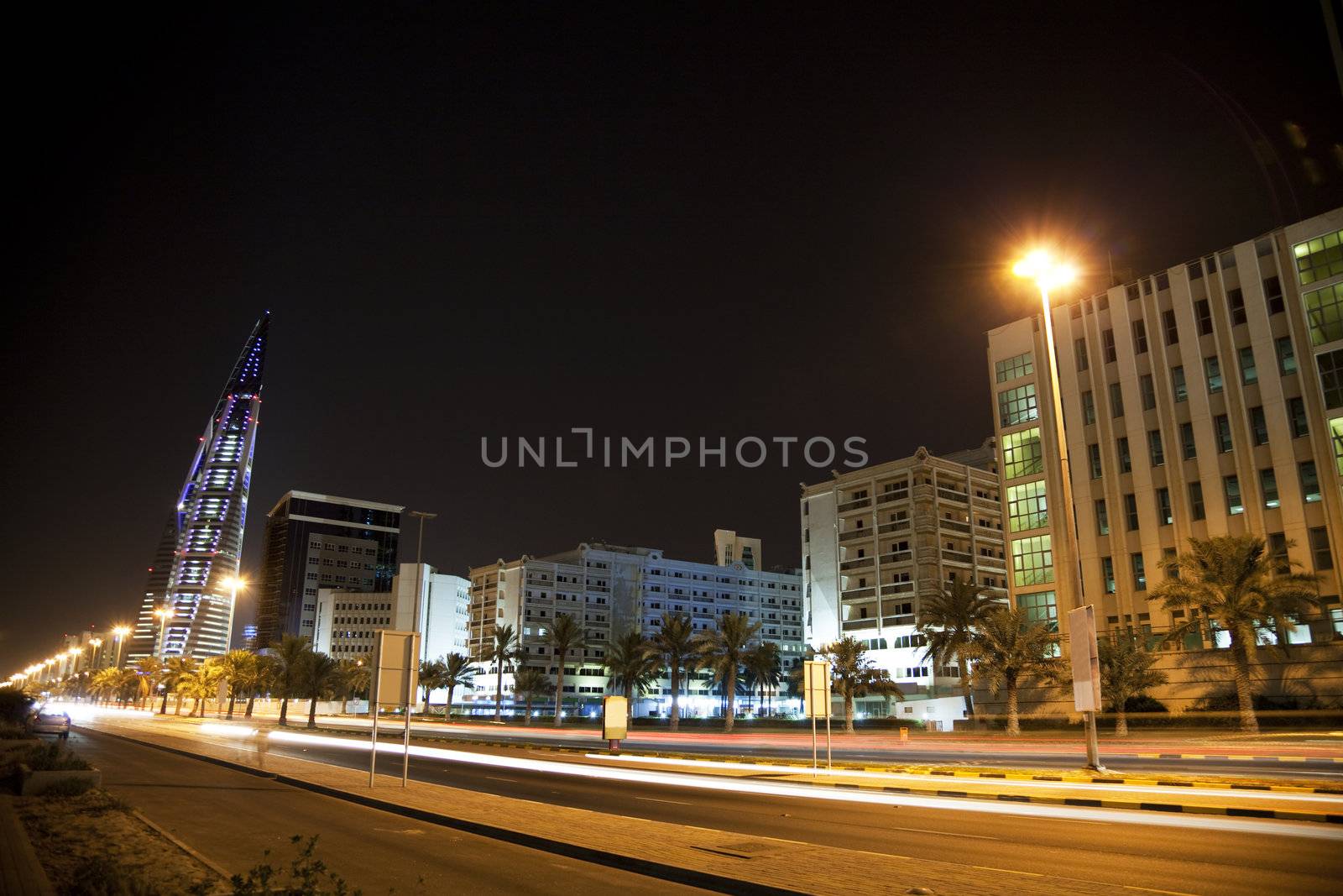 Night image of downtown Manama, Bahrain.
