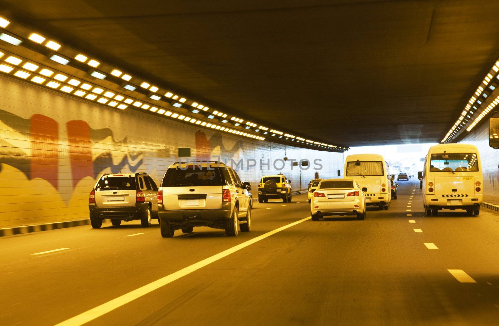 Image of traffic in a tunner at downtown Dubai, United Arab Emirates.
