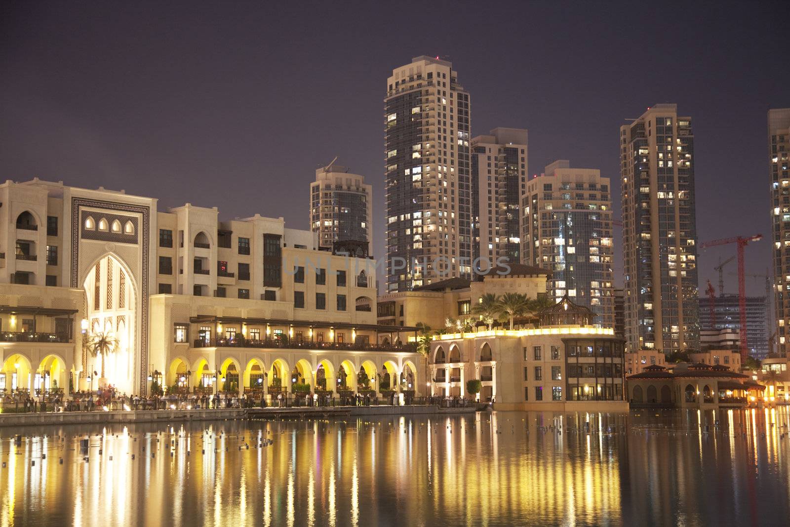 Night image of Dubai skyline, United Arab Emirates.

