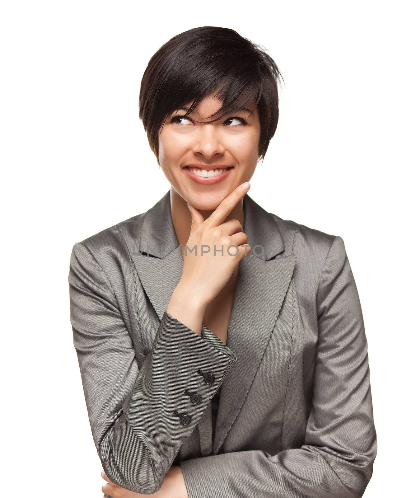 Pretty Smiling Multiethnic Young Adult Woman with Eyes Up and Over Isolated on a White Background.