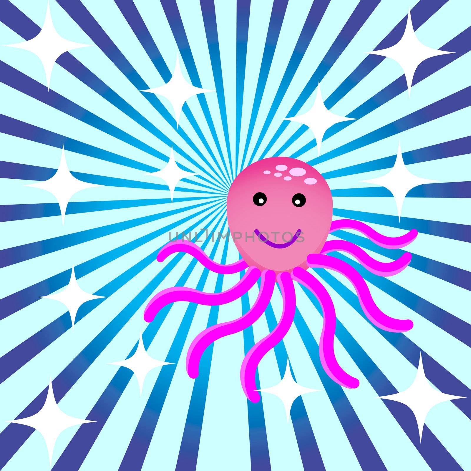funny little octopus on starburst and stars background