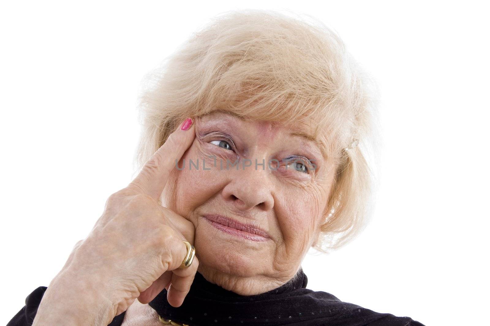 close up of thinking old woman on an isolated white background