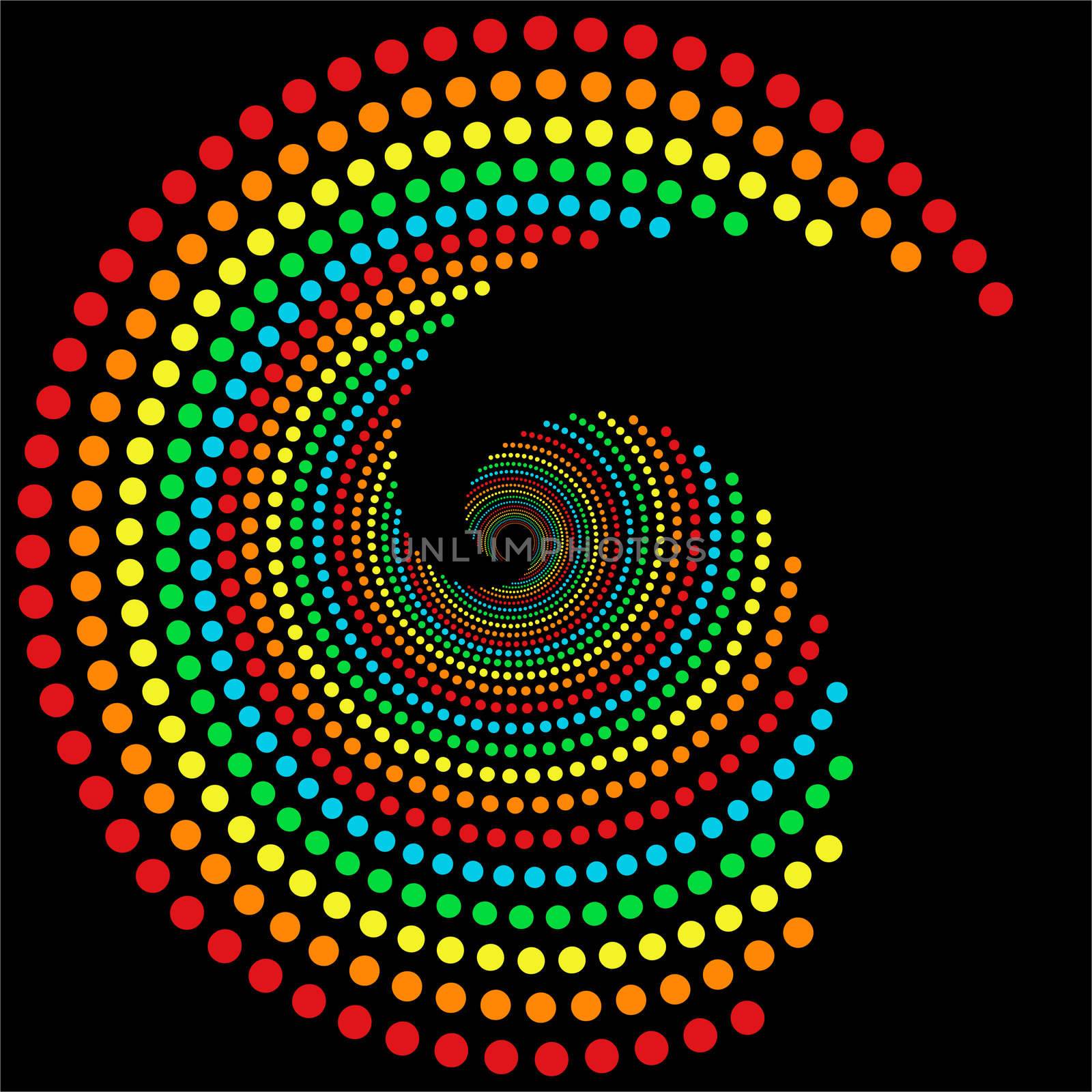  rainbow dots spiral pattern, isolated over black