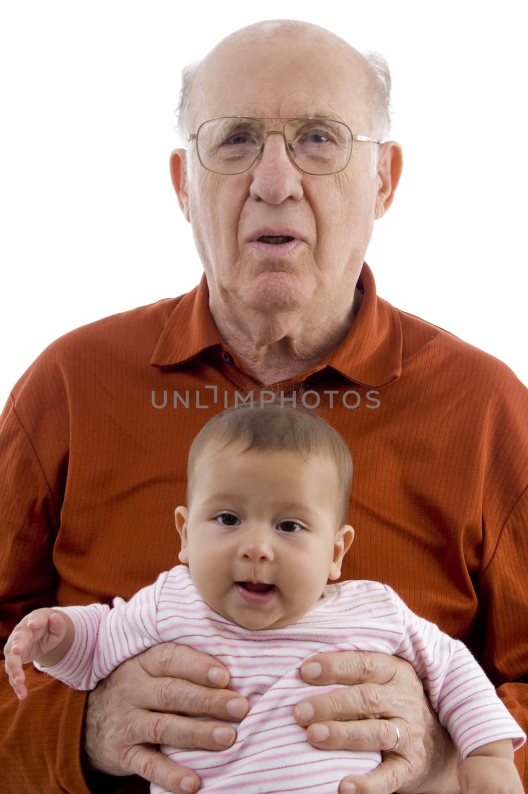 old man and cute baby with white background