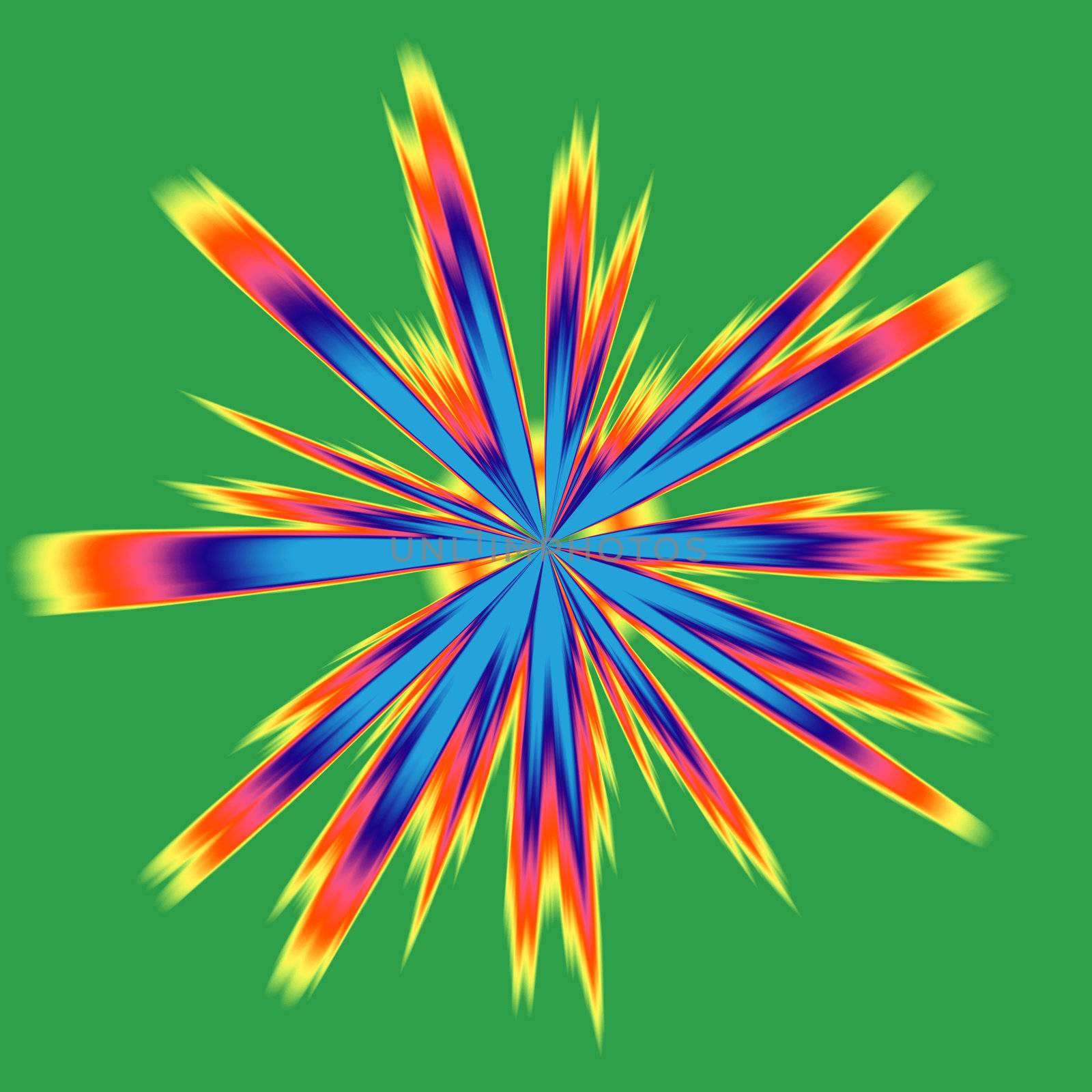 starburst or firework in rainbow colors over green