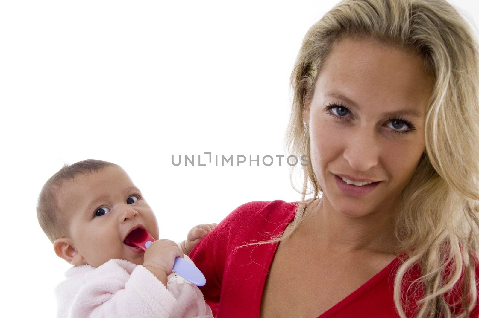 mother with her baby looking at camera on an isolated white background