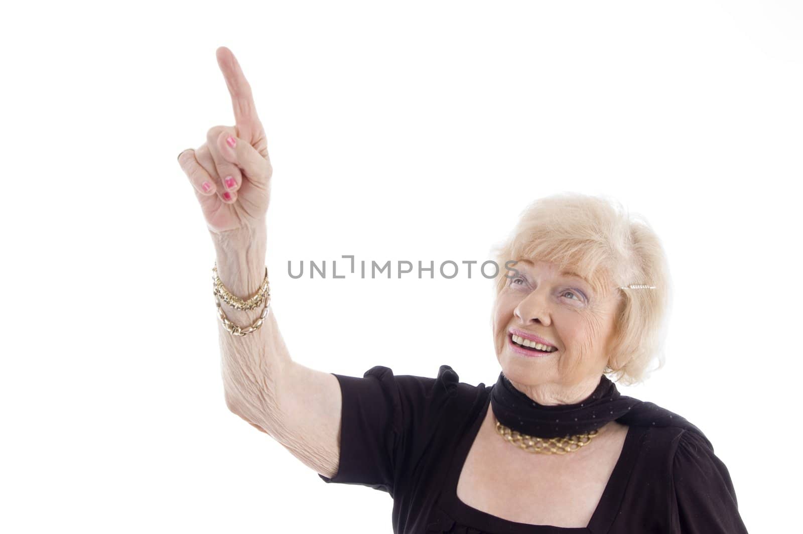 old female pointing upward with white background